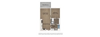 A floor plan of a small apartment with a living room, bedroom, kitchen/dining area and bathroom.