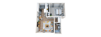 A 3D floor plan of a small apartment with a kitchen, living room, and bathroom.