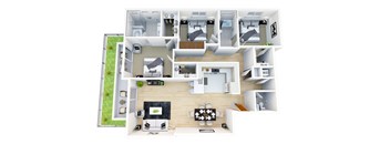 A top-down view of a house layout with a living room, kitchen, and multiple bedrooms.