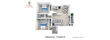 A floor plan of a two bedroom apartment with one and a half bathrooms.