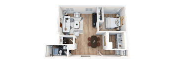 A top-down view of a small apartment with a kitchen, living room, and bedroom.