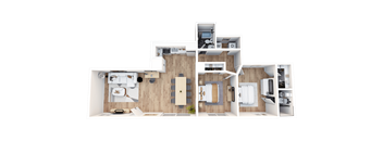 A 3D rendered image of a modern house layout.