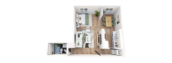 A top-down view of a small apartment with a kitchen, living room, and bathroom.