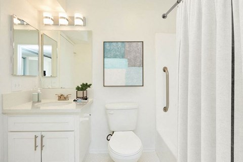 A white bathroom with a toilet, sink, mirror, and shower curtain.