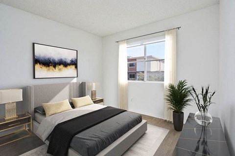 A bedroom with a large bed, a nightstand with a lamp, a painting on the wall, and a plant on the table.
