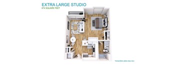 A floor plan of a studio apartment with a kitchen, living room, and bedroom.