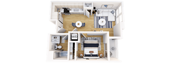 A 3D floor plan of a small apartment with a living room, dining area, kitchen, and bedroom.