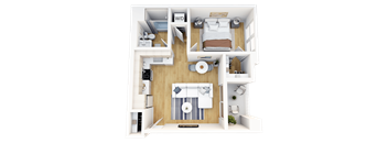 A 3D floor plan of a small apartment with a living room, kitchen, and bedroom.