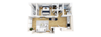 A top-down view of a well-organized apartment with a living room, kitchen, and bedroom.