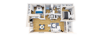 A 3D rendered image of a modern apartment layout.