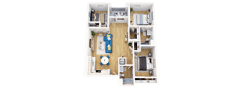 A top-down view of a two-bedroom apartment with a living room, kitchen, and bathroom.
