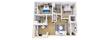 A 3D floor plan of a house with a bedroom, living room, kitchen, and bathroom.