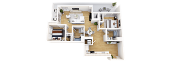 A top-down view of a well-organized apartment layout.