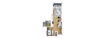 A top-down view of a small apartment layout with a kitchen, living room, and bathroom.