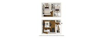 Two images of a room with a bed, a desk, and a chair.
