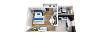 A 3D floor plan of a modern apartment with a bedroom, living room, kitchen, and bathroom.