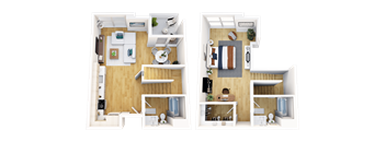 Two images of a top-down view of a small apartment layout.