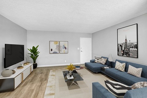A living room with a blue couch and a television.