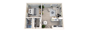 A 3D floor plan of a small apartment with a bedroom, living room, kitchen, and bathroom.