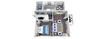 a 3d drawing of a house with a bedroom and a living room