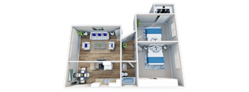 a 3d rendering of a bedroom with a bathroom and a living room