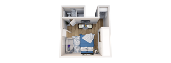 A 3D rendered image of a small bedroom with a bed, nightstand, and a small kitchenette.