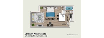 A diagram of a floor plan for a veteran apartment with a living/dining/sleeping area, kitchen, bath, and entry.