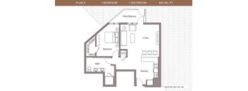 A floor plan of a one bedroom apartment with a bathroom and a living room.