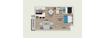 A floor plan of a small apartment with a living area, kitchen, dining area, bathroom, and sleeping area.