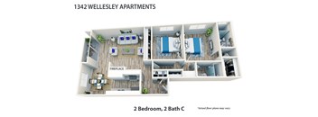 a 3d floor plan of a 2 bedroom 2 bath condo