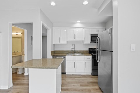 A kitchen with a granite countertop and stainless steel appliances.