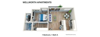 a floor plan of 1 bedroom, 1 bath a