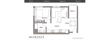 A floor plan for a 716 sq. ft. apartment with one bedroom, one bathroom, a living room, dining room, kitchen, and balcony.