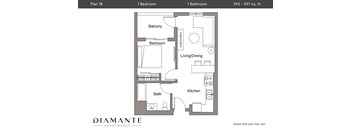 A floor plan for a 1 bedroom, 1 bathroom apartment at Diamante Apartments.