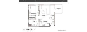 A floor plan for a 1 bedroom apartment with a balcony.