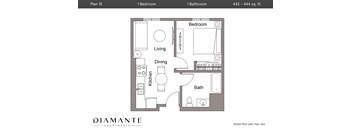 A floor plan for a 1 bedroom, 1 bathroom apartment sized 442 - 444 sq. ft.