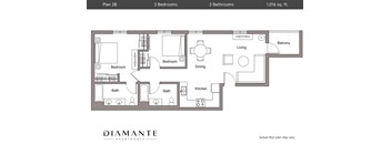 A floor plan for a 1,016 square foot apartment with two bedrooms and two bathrooms is shown.