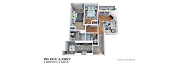 A floor plan of a 2 bedroom, 2 bathroom apartment.