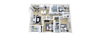 A 3D floor plan of a house with multiple rooms and furniture.