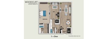 A floor plan of a one bedroom apartment with den.