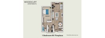 A floor plan of a one bedroom apartment with a fireplace.