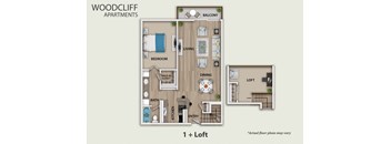 A floor plan for Woodcliff Apartments shows a 1 bedroom apartment with a loft.