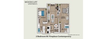 A floor plan of a 2 bedroom apartment with a fireplace.