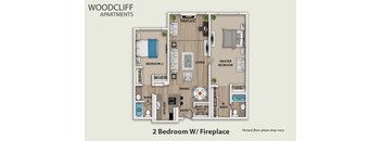 A floor plan of a 2 Bedroom apartment with a fireplace.