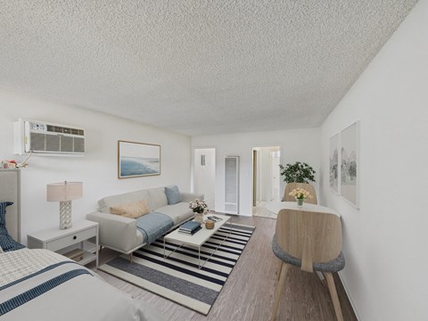 A living room with a grey couch and a striped rug.