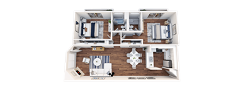 A top-down view of a well-furnished apartment layout.