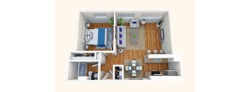 a stylized floor plan with a bedroom and a living room