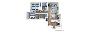 a stylized floor plan of a room with a bedroom and a bathroom
