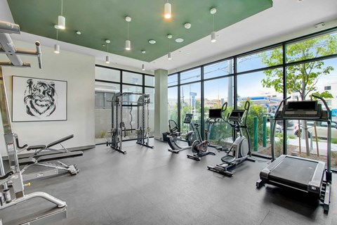 a workout room with gym equipment and large windows