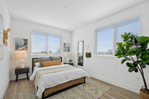 A bedroom with a large bed and a potted plant.